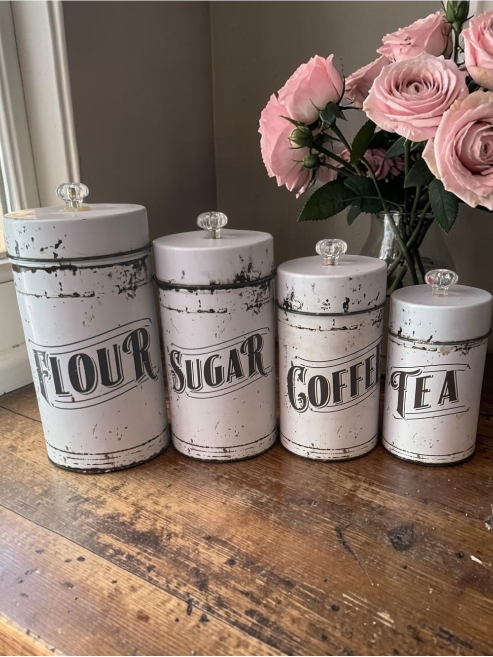 Shabby chic farmhouse grannycore set of 4 metal canisters with glass knobs